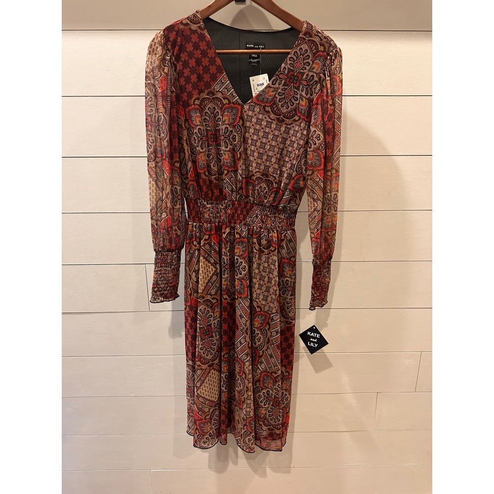 Kate and Lily Women Red Paisley Patchwork Smocked Midi Dress 10 Long Sleeve NWT